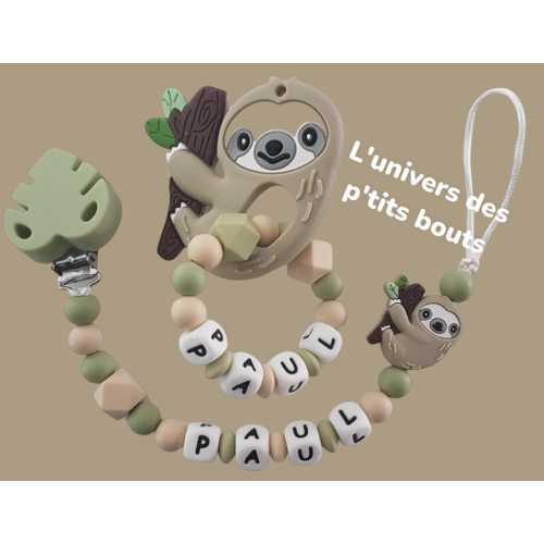 Personalized pacifier clip and/or personalized silicone sloth rattle