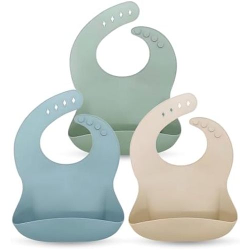 Baby Bliss 3 Pack Baby Bibs Waterproof Adjustable Toddler Bibs, Silicone Bib Food with Catcher Pocket, BPA Free Silicone Bibs