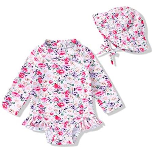 Infant Baby Girl Swimsuit One-Piece Long Sleeve Rash Guard with Hat Set Floral Zipper Bathing Suit Leopard Beach Wear