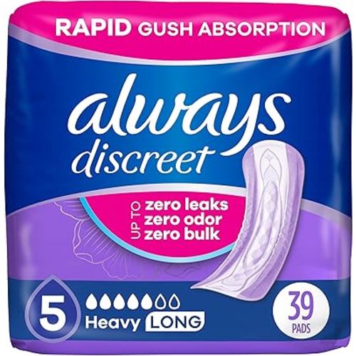 Always Discreet Adult Incontinence Pads for Women, Heavy Absorbency, Long Length, Postpartum Pads, Up to 100% Bladder Leak Protection, 39 Count (Packaging May Vary)
