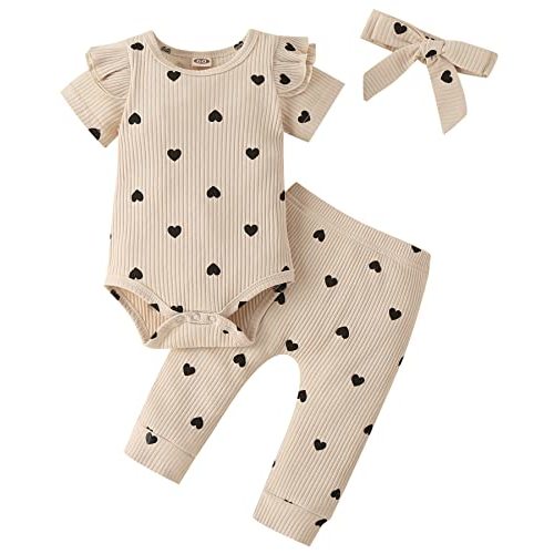 Fullfamous Baby Girl's 3pc Rib Frill Long Sleeve Romper and Pant Set