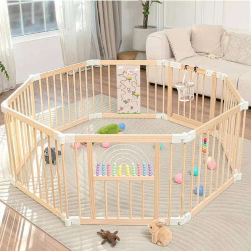 Foldable Wooden Baby Playpen Activity Center,Adjustable Size & Shape Portable Play Yard, Baby Fence Play Area with Gate for Indoor Use for Babies and Toddlers(56x56x24inches)