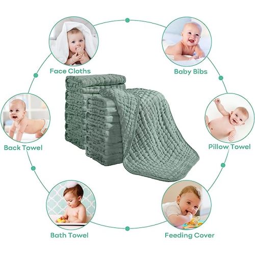 Looxii Muslin Burp Cloths 6 Pack 100% Cotton Muslin Cloths Large 20''x10'' Extra Soft Absorbent Burping Cloth for Baby Boys and Girls (Dark Green) - 20*10in