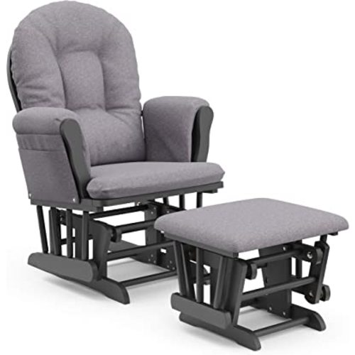 Storkcraft Premium Hoop Glider and Ottoman (Gray with Gray Swirl) – Padded Cushions with Storage Pocket, Smooth Rocking Motion, Easy to Assemble, Solid Hardwood Base