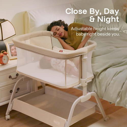 HARPPA Baby Bassinet, 6 Height Adjustable Baby Bassinet with Storage & Wheels for Infants, Beige