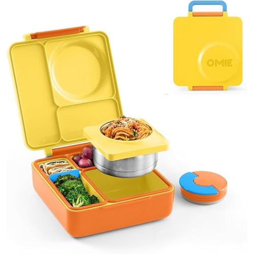 OmieBox Bento Box for Kids - Insulated Bento Lunch Box with Leak Proof Vacuum Insulated Food Jar - 3 Compartments, Two Temperature Zones (Sunshine)