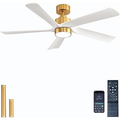 52 inch Wihte Ceiling Fan with Lights and Remote Control,Dimmable 3 Color temperatures LED,6 Speed Reversible DC Motor,5 Blades Modern Ceiling Fan for Indoor or Covered Outdoor