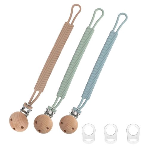 SPOKKI Silicone Dummy Clip Soother Chains Pacifier Holder Clips 3 Pcs Suitable for Most Types of Pacifiers or Teething Toys (Light Blue, Light Green, Light Brown)