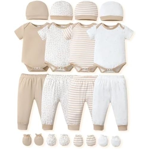 NZRVAWS Newborn Baby Boy Girl Clothes Unisex Infant Romper Pants Set Hat 4-Pack Outfits 0-12 Months 16 Pieces Toddler