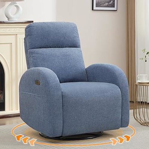 Power Nursery Glider Recliner, Swivel Glider Recliner with USB & Type-C Port, Swivel Reclining Nursery Rocker with Double Pockets for Living Room, Blue,Chenille