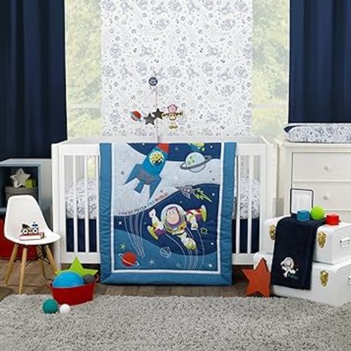 Disney Toy Story Outta This World Blue and Gray Buzz Lightyear 4 Piece Nursery Crib Bedding Set - Comforter, Fitted Crib Sheet, Changing Pad Cover, and Crib Skirt
