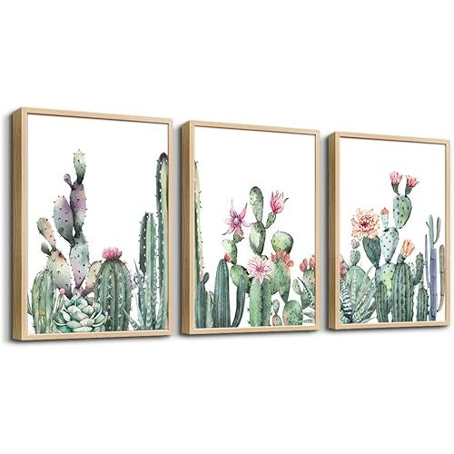 Natural Wood Framed Wall Art For Living Room Wall Decorations For Bedroom Room Wall Decor Green Succulent Cactus Paintings Leaves Wall Pictures Artwork Kitchen Home Decor 3 Piece Framed Art Prints