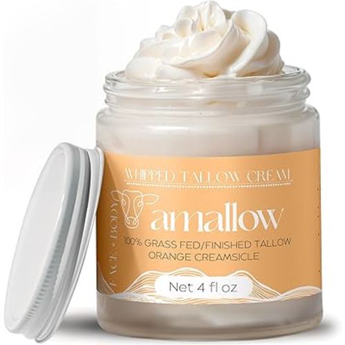 Amallow 100% Grass Fed Beef Tallow for Skin Care - Face + Body - Whipped Moisturizer - Natural Lotion, 4 FL. oz. (Orange Creamsicle)