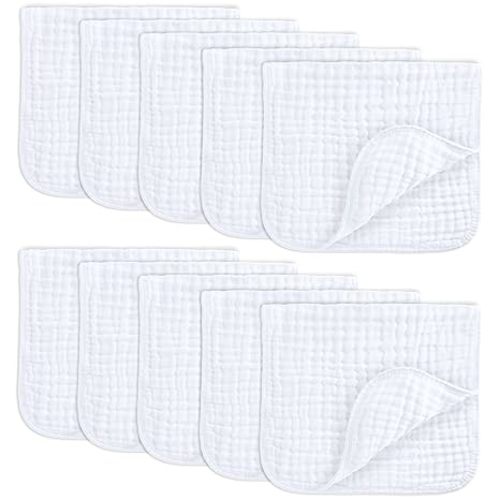 Comfy Cubs Muslin Burp Cloths Set (20”X10”, Pack of 10) - Large, 6-Layer, Ultra Absorbent 100% Cotton for Baby Spit-Up, Drool, and Messes - Soft, Gentle - Great, (White)