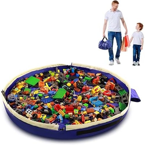 Toy Storage Mat Bag by Drawstring for Lego - Play Mat Bag Toy Storage Container for Kids with Cap can as Gift( Blue 47inch )
