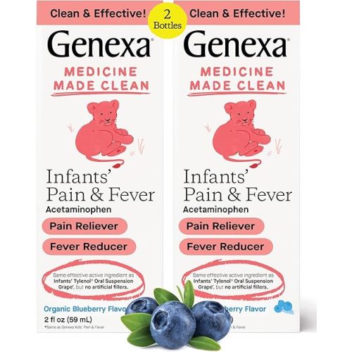 Genexa Infants’ Pain & Fever Acetaminophen, 0% Artificial Additives, Baby Acetaminophen, Dye Free, Liquid Oral Suspension Medicine, Delicious Organic Blueberry Flavor, 160 mg per 5mL, 4 Fl Oz (2 Pack)