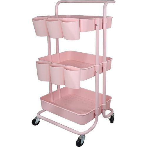 3 Tier Utility Rolling Cart Storage Organizer Shelf Rack with 6PCS Hanging Cups for Home Office Kitchen Bathroom Storage (Pink)