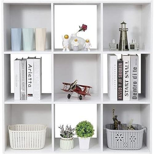 ZenStyle 9 Cube Storage Shelf Organizer, Wooden Bookshelf System Display Cube Shelves Compartments, Customizable W/ 5 Removable Back Panels (White)