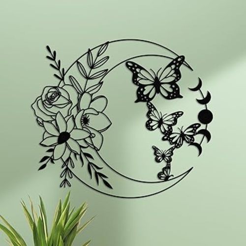 ruelen Moon Butterfly Metal Wall Decor Boho Wall Art Floral Boho Wall Hanging Home for Indoor Living Room Bedroom Bathroom Outdoor Garden Yard Fence Farmhouse Decoration (Moon Butterflies)