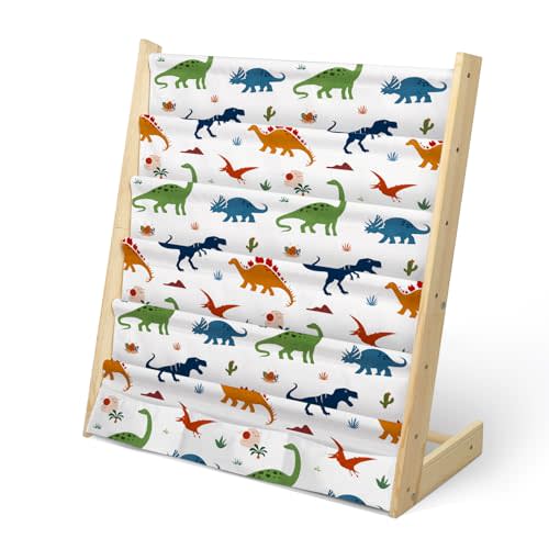 wooshwa Kids Bookshelf 5 Tier Wooden Toy and Book Storage Organizer 3 Pockets Toddler Sling Book Rack with Deep Sleeves for Boys Playroom Nursery Bedroom (Colorful Dinosaur)