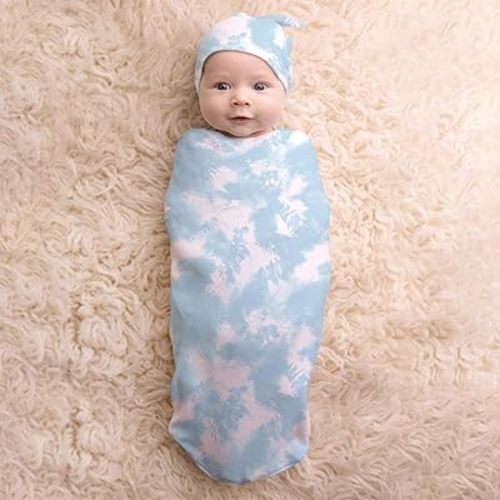 Itzy Ritzy Cocoon & Hat Swaddle Set - Swaddle for Newborns Includes Name Announcement Card & Jersey Knit Cocoon & Hat Set, Perfect for Newborn Photography - For 0-3 Mon. (Blue Cloud Tie Dye, Set of 2)
