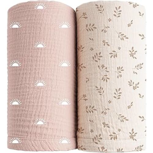Konssy 2 Pack Muslin Swaddle Blankets, 100% Cotton Receiving Blanket Large 47 x 47 inches for Baby Boys Girls, Soft Breathable Muslin Baby Blanket for Newborn (Pink Sun,Khaki Leaf)