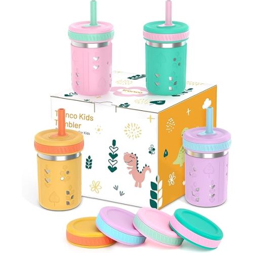 Tronco Stainless Steel Sippy Toddler Cups, 10 oz Mason Jar Kids Smoothie Cups with Silicone Sleeves and Straws, Spill Proof, BPA-Free, Toddler Snack Cups