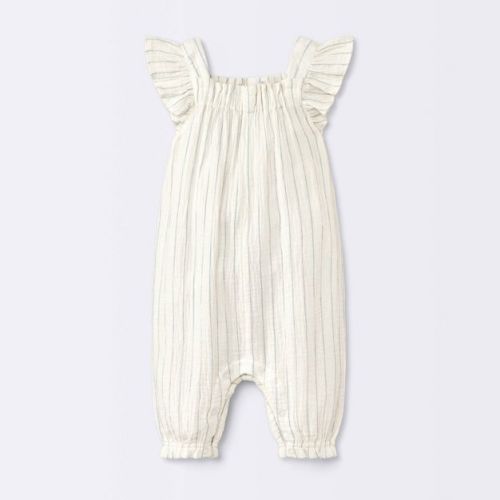 Baby Girls' Striped Gauze Long Legged Romper - Cloud Island™ Cream Newborn