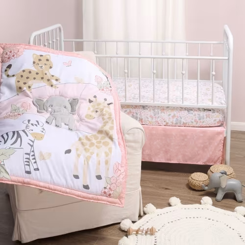 The Peanutshell Wildest Dreams Crib Bedding Set for Baby Girls, 3-Piece Nursery Set in Pink|Grey
