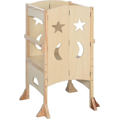 Qaba Wooden Kitchen Step Stool for Kids, Foldable Toddler Tower, Helper Stool for Kitchen Counter with Support Handles Safety Rail, Natural Wood