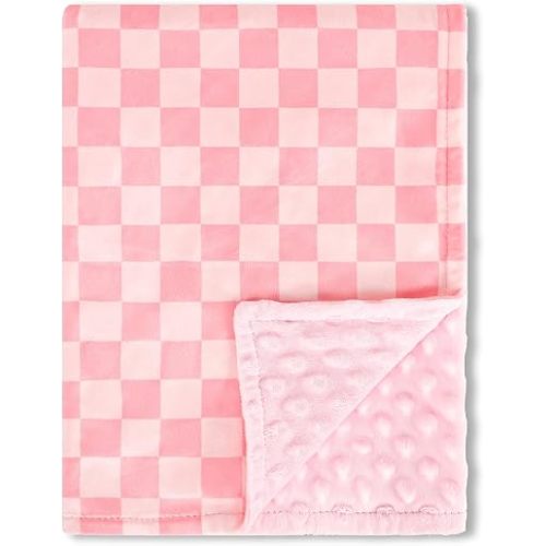 Baby Blankets for Girls, Toddler Newborn Blanket Double Layer with Dotted Backing Crib Receiving Blanket for Toddler Nursery Bed Blanket, Pink Checkered, 30x40 Inches
