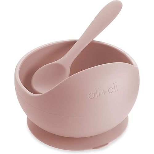 Ali+Oli Silicone Suction Bowl and Spoon Set (Blush, Original) - Unbreakable Suction Bowls for Baby 6 Months and Up, Self Feeding Baby Utensils, First Stage Baby Feeding Supplies