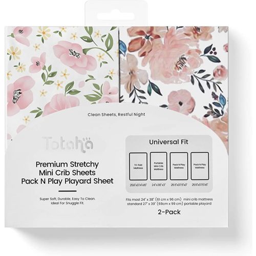 Graco Pack and Play Sheets Fitted, TotAha Buttery Soft Mini Crib Sheets Girl, Floral Pack N Play Mattress Sheets Hypoallergenic, Premium Jersey Playrad Sheets, Meredith Allover & Pale Pink, 2 Pack