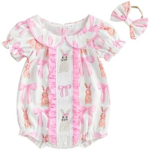Newborn Baby Girl Easter Outfit Bunny Bow Short Sleeve Bubble Romper Doll Collar Ruffle Bodysuit Cute Summer Clothes
