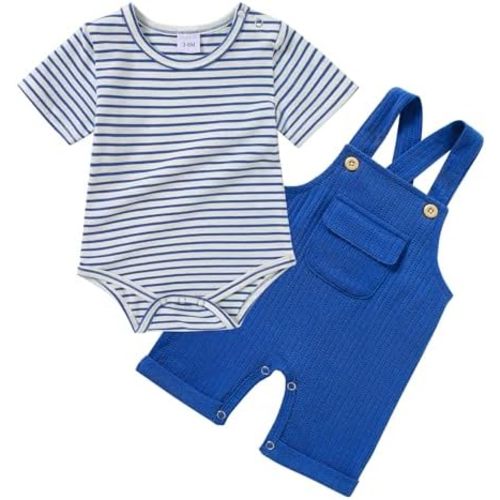 CARETOO Newborn Baby Boy Clothes Infant Boy Romper Fall Winter Outfits Bodysuit 2Pcs Striped Long Sleeve Top Overalls 0-18M