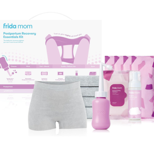 Frida Mom 11pc Postpartum Essentials Kit Gift Set, Hospital Bag Must Haves for New Mom, Includes 4 Disposable Postpartum Underwear, 4 Ice Maxi Pads, Perineal Healing Foam & 24 Pad Liners & Peri Bottle