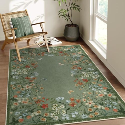 Wonnitar Washable Area Rug 4x6, Green Floral Rugs for Living Room, Non-Slip Large Kitchen Throw Mat, Low-Pile Indoor Botanical Floor Carpet for Girls Bedroom Laundry Entrance (Green,4'x6')