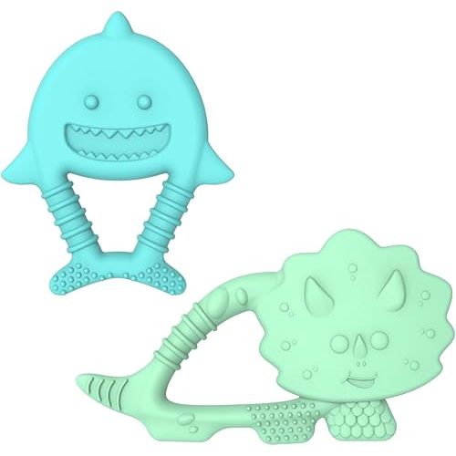 melii Baby Teethers, 100% Food Grade Silicone, Multiple Soft Textures to Soothe Baby's Gums, Teething Toy, BPA Free, Dino & Shark