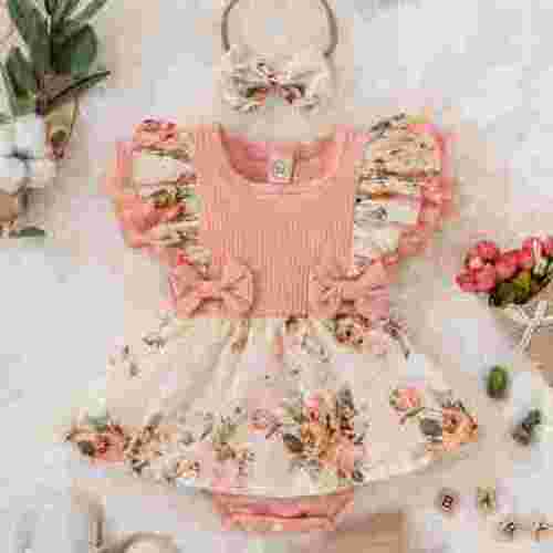 Zukuco Newborn Baby Girl Spring Summer Clothes Ruffle Sleeve Floral Dress Jumpsuit Baby Outfit, Pink 9-12 Months