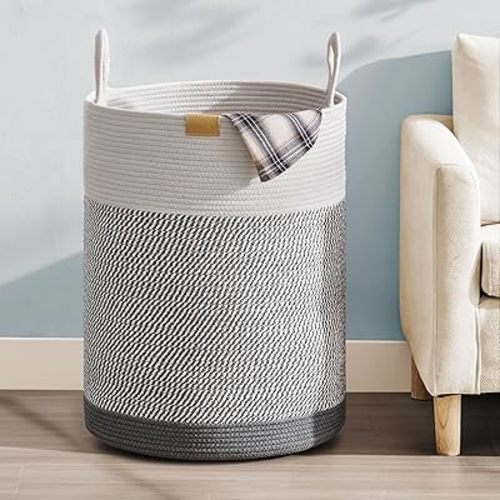 95L Laundry Hamper Basket,Baby Nursery Woven Storage Basket for Toys Bin,Pillows,Blankets,Clothes,Grey&White