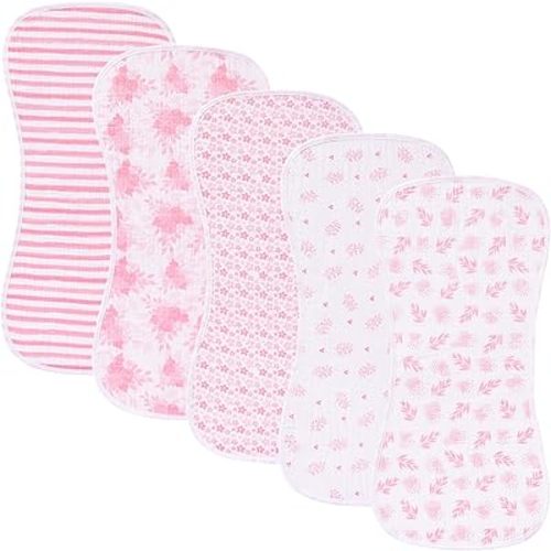 5 Pack Baby Burp Cloths, Unisex Newborn Burping Cloths, Soft and Absorbent Muslin Cotton, Large Size for Newborn, (Pink-fy)