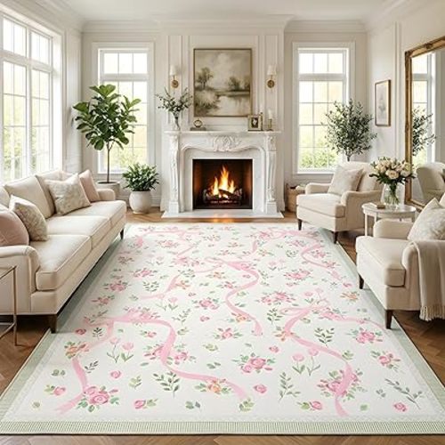 GarveeHome Coquette Pink and Green Bow Rugs for Bedroom Girls, 5x7 Area Rugs for Living Room with Low Pile, Non Slip Floral Washable Rug 5x7 for Nursery Kids Playroom Dining Room Dorm