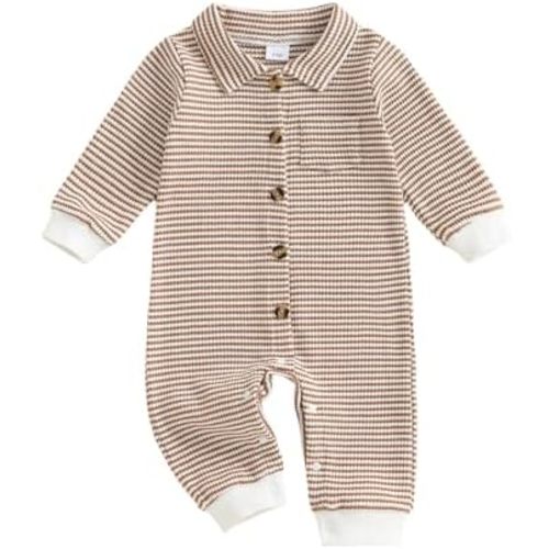 Newborn Baby Boy Clothes Stripe Collared Romper Waffle Knit Long Sleeve Button Up Jumpsuit Bodysuit Fall Winter Outfit