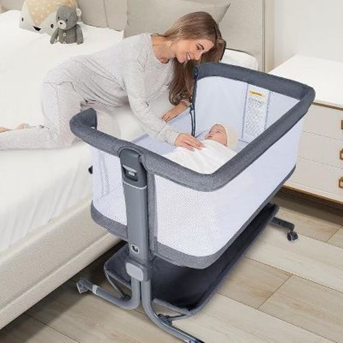 Kinder King Baby Bassinet With Wheels Easy Folding Portable All-sided Mesh Adjustable Height Comfy Mattress & Carry Bag, Grey