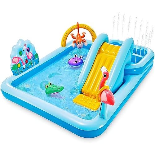 Intex 96" x 78" x 28" Inflatable Jungle Adventure Play Center Spray Kiddie Pool - Backyard Kids Water Slide, Outdoor Blow-Up Splash Pad for Toddlers