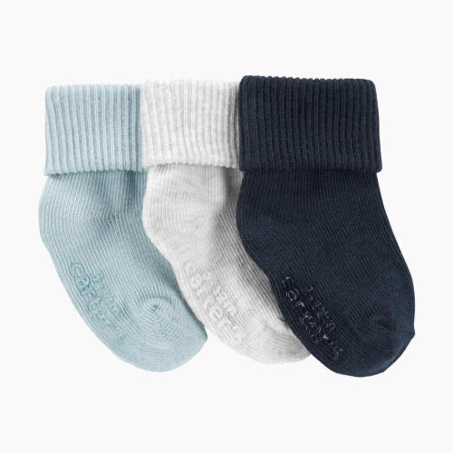Carter's Roll Cuff Booties (3 Pack) - Navy/Grey/Light Blue, NB