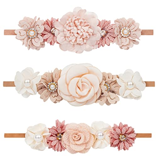 XuoAz Baby Girls Floral Headbands Set-Flower Crown Elastic Hairband for Newborn Toddler Hair Accessories (Pack of 3)