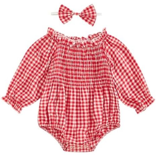 Infant Baby Girl Bubble Romper Boho Clothes Long Sleeve Cotton Smocked Jumpsuit Outfit with Headband
