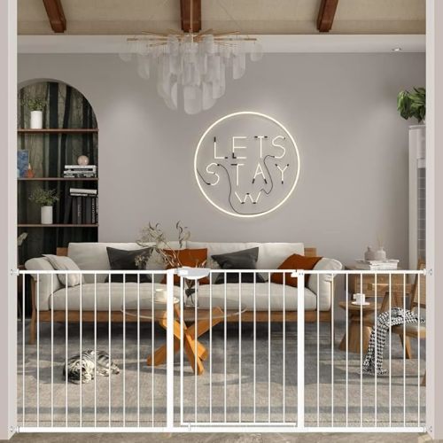 DEARBB Triple Lock Baby Gate for Stairs Doorways and House 31" to 86" Extra Wide Pressure Mounted Easy Walk Through Auto Close Safety Pet Gate White 67.32-76.77"