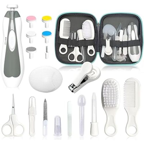 Baby Grooming Kit - 19 in 1 Nursery Essentials Baby Registry Shower Gift for Newborns, Infants, Toddlers, Boys, Girls Kids-Safety Baby Comb, Brush, Finger Toothbrush, Nail Clippers, Scissors(Grey White)
